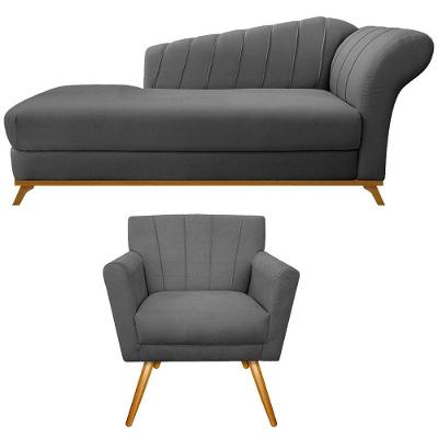 Kit Diva Recamier Vanessa 140cm Lado Esquerdo E 01 Poltrona Laura Suede Cor Cinza