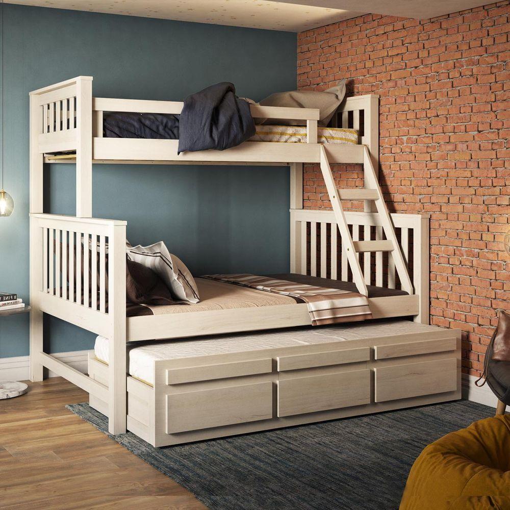 Treliche Com Cama De Casal Branco Lavado C- Cama Auxiliar 3 Gavetas Madeira Pinus - 1