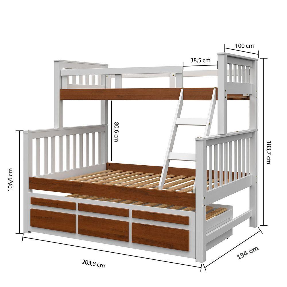 Treliche Com Cama De Casal Branco Lavado-carvalho C- Cama Auxiliar 3 Gavetas Madeira Pinus - 3