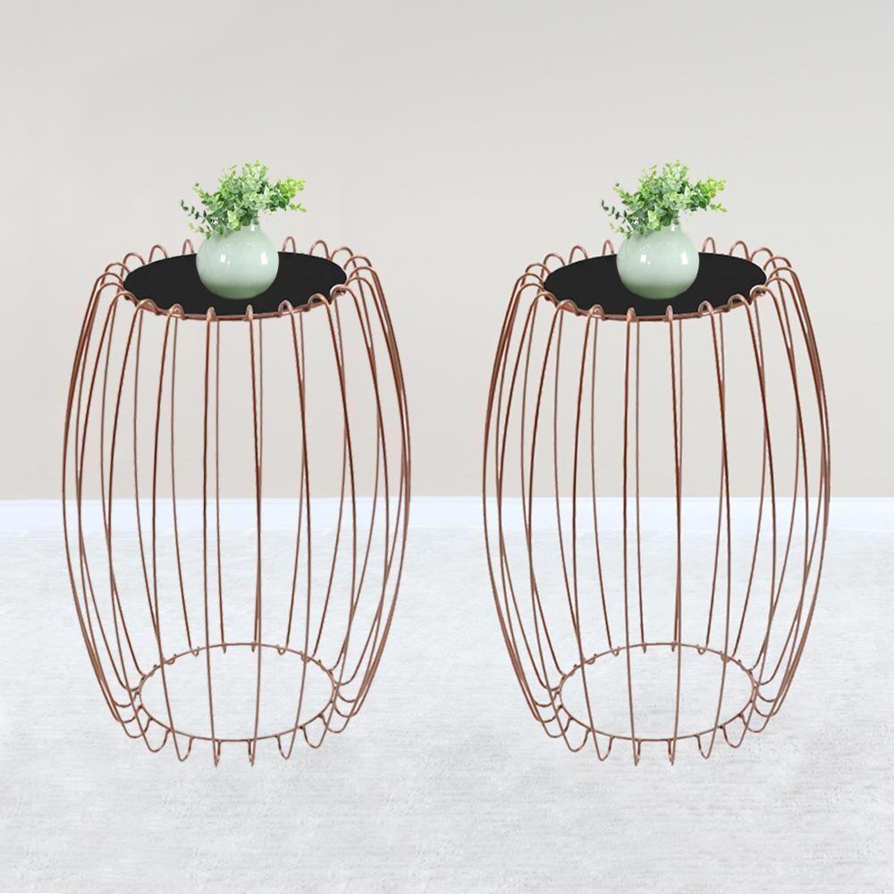 Kit Mesa Apoio Lateral 43 Cm Tampo Vidro Preto Base Metal Cobre Nacc Preto Cobre - 7