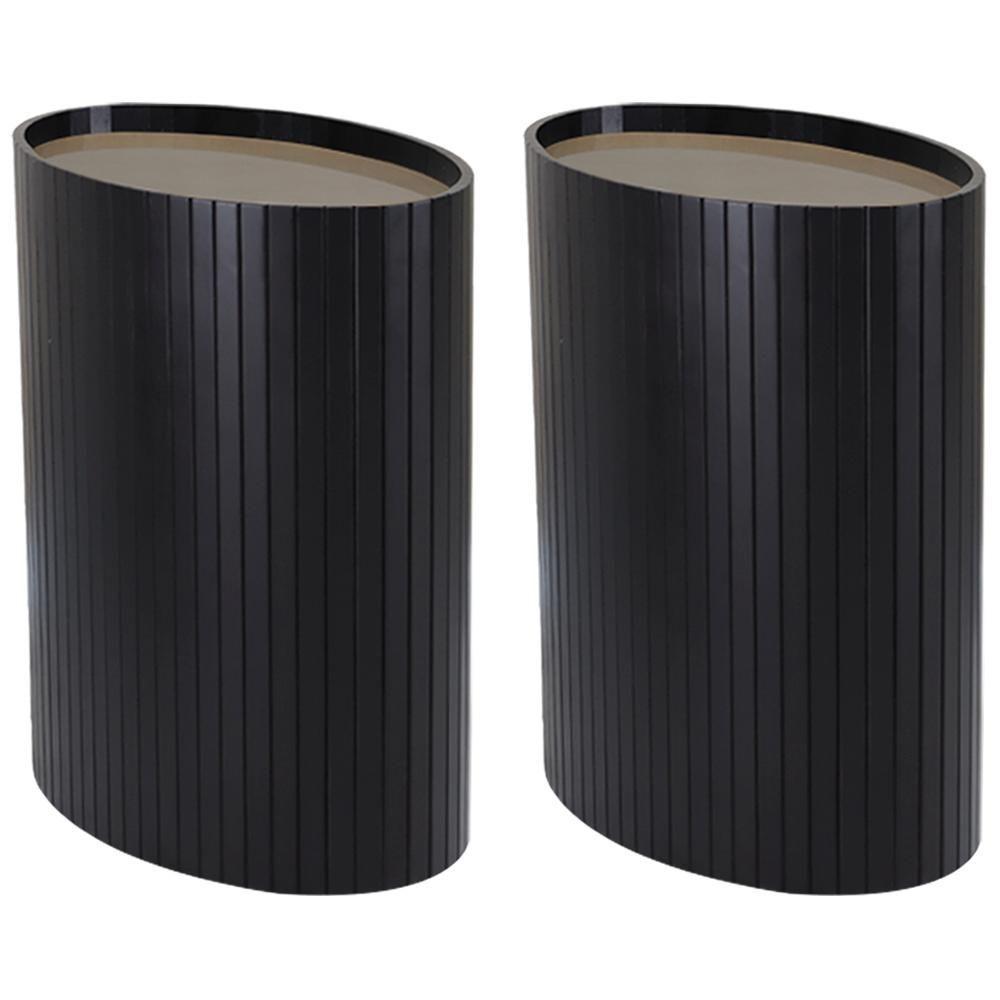 Kit 2 Mesa Apoio Lateral Oval Tampo Vidro Glow Madeira Ebano Preto Nacc Ebano Preto - 1