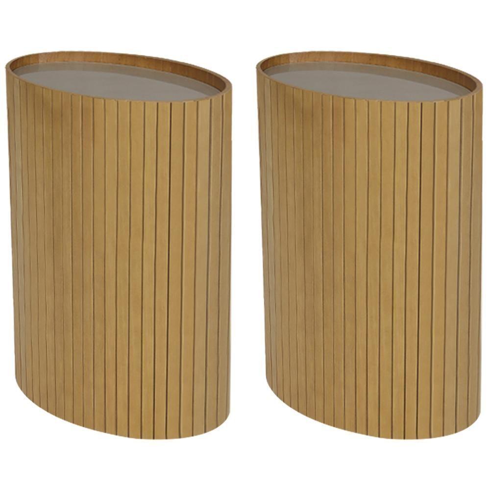 Kit 2 Mesa Apoio Lateral Oval Tampo Vidro Glow Madeira Amendoa Nacc Amendoa - 1