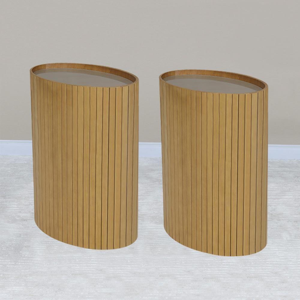 Kit 2 Mesa Apoio Lateral Oval Tampo Vidro Glow Madeira Amendoa Nacc Amendoa - 7