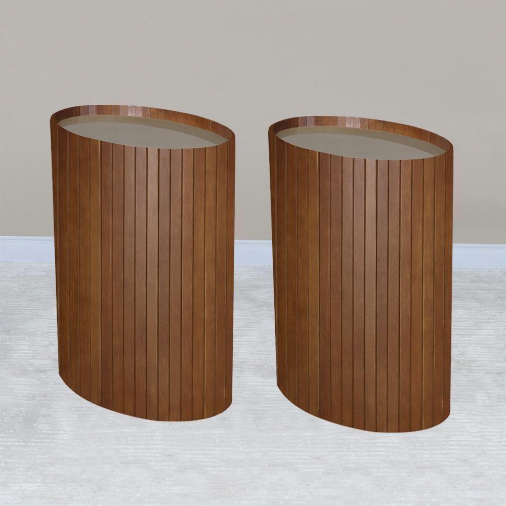 Kit 2 Mesa Apoio Lateral Oval Tampo Vidro Glow Madeira Pinhao Nacc Pinhao - 6