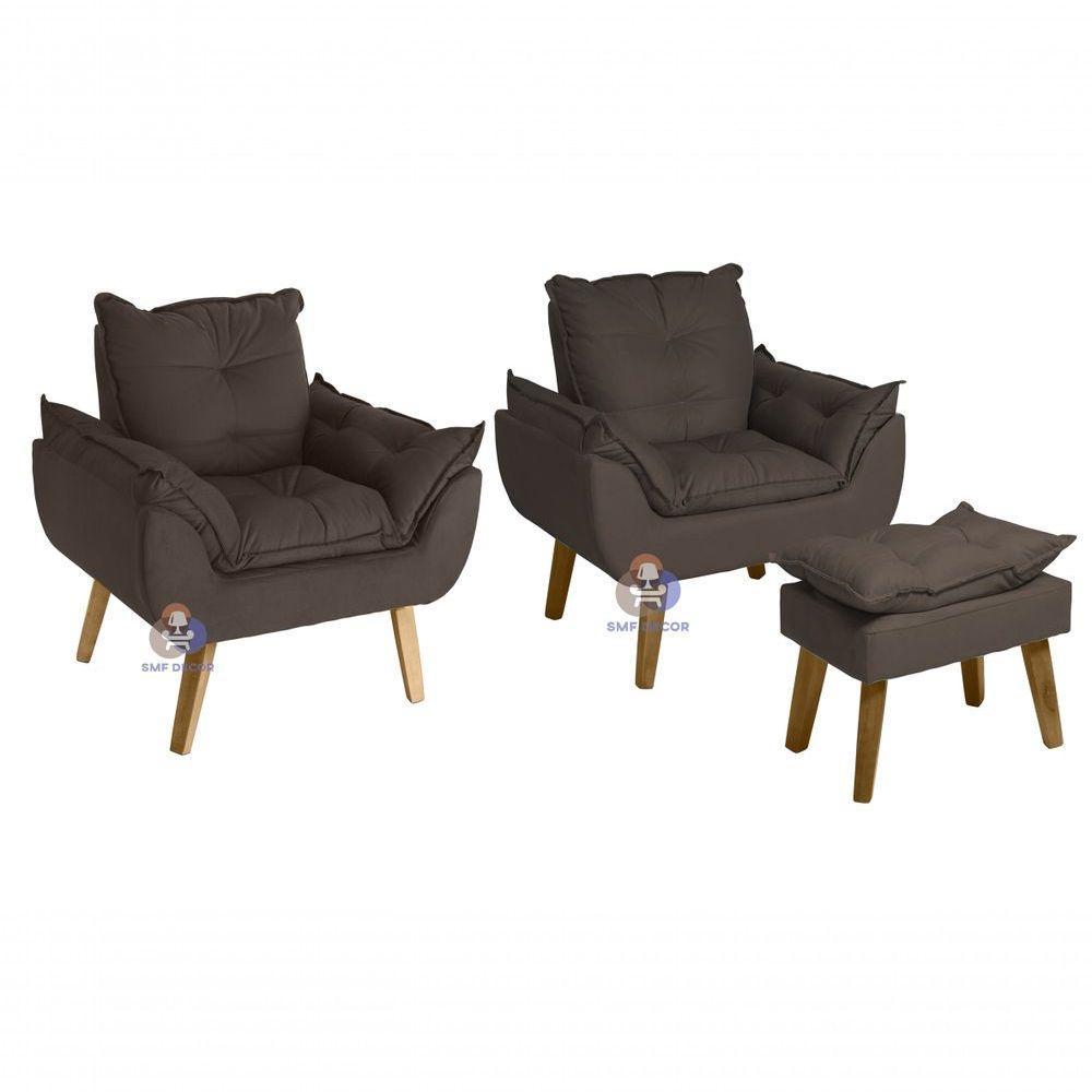 Kit 02 Poltrona Decorativa Opala E Puff Opala Marrom Com Fibra De Silicone E Pés Quadrado Smf Decor - 1