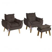 Kit 02 Poltrona Decorativa Opala E Puff Opala Marrom Com Fibra De Silicone E Pés Quadrado Smf Decor - 1