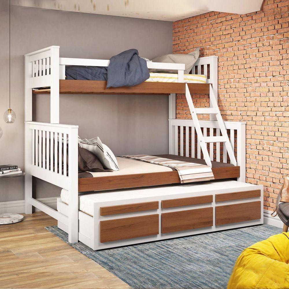 Treliche Com Cama De Casal Branco Lavado/carvalho C/ Cama Auxiliar 3 Gavetas Madeira Pinus - Saraiva - 1