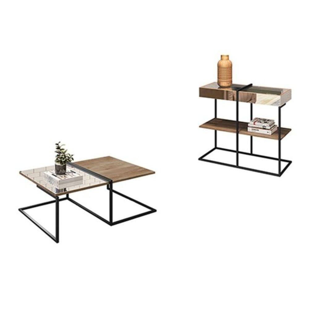 Kit Mesa De Centro Aparador Espelhado Aurora Demolição Preto - 1