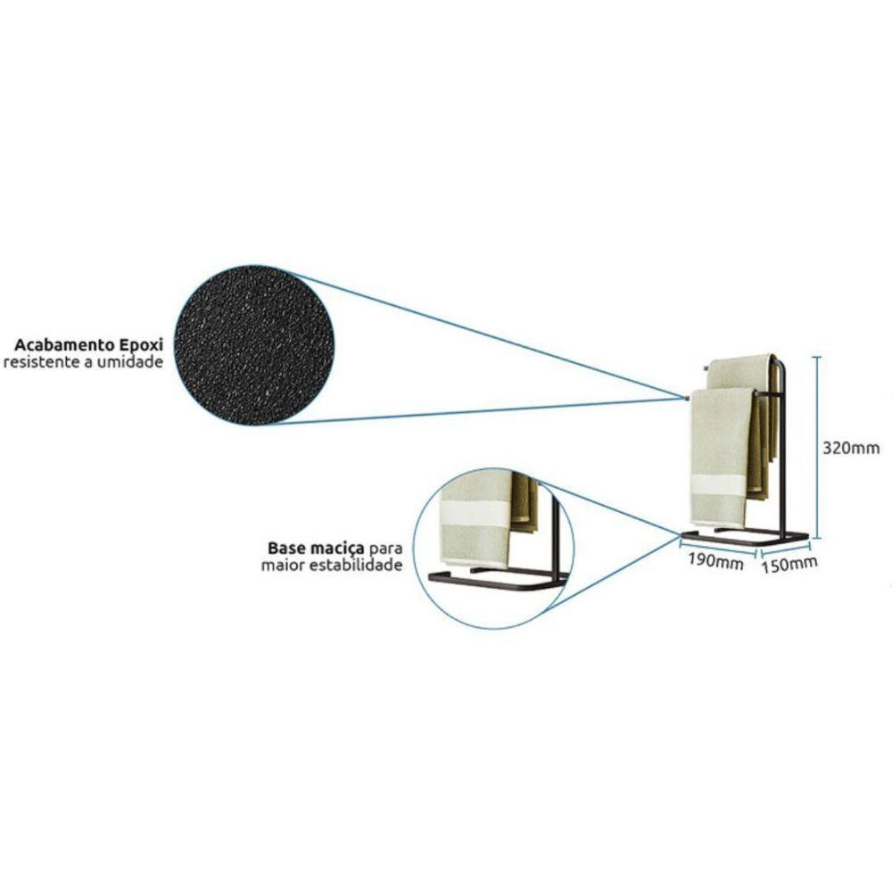 Porta Toalha Duplo Toalheiro Para Banheiro Level Preto - 6