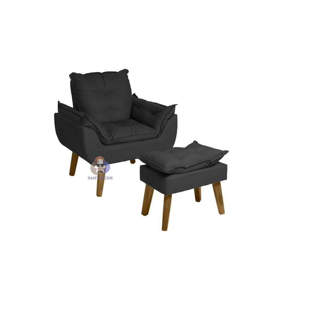 Poltrona Decorativa Opala E Puff Opala Preto Com Fibra De Silicone E Pés Quadrado - 1