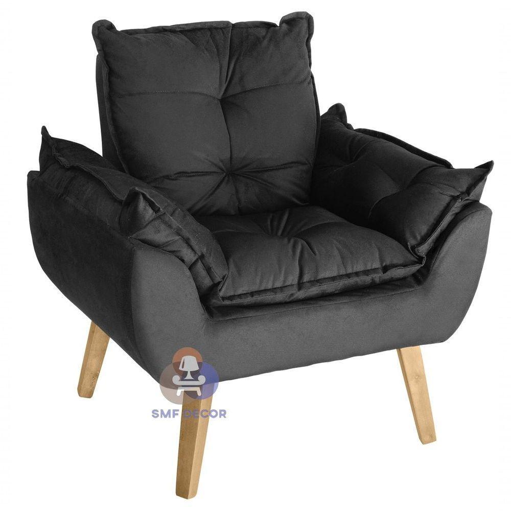 Poltrona Decorativa Opala E Puff Opala Preto Com Fibra De Silicone E Pés Quadrado - 4