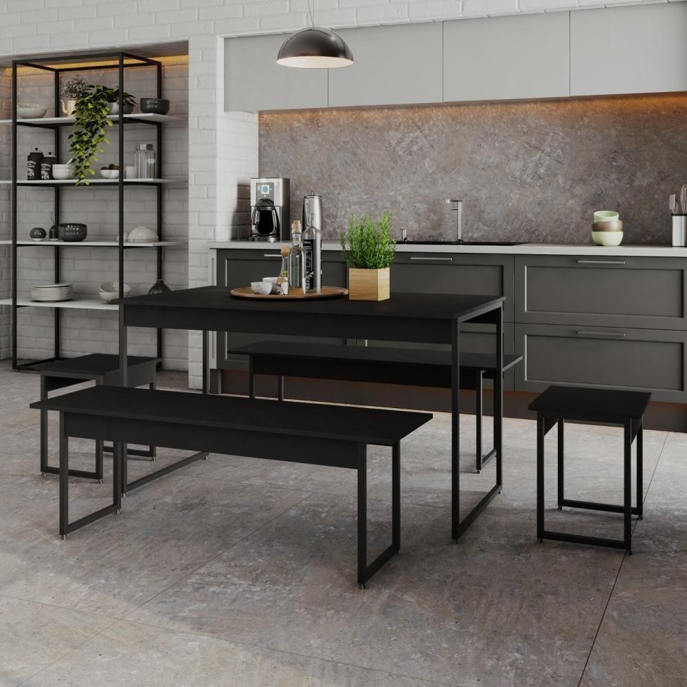 Mesa De Jantar Tub C-02 Bancos E 02 Banquetas Preto ônix - Est.preta Preto ônix - Est.preta - 1