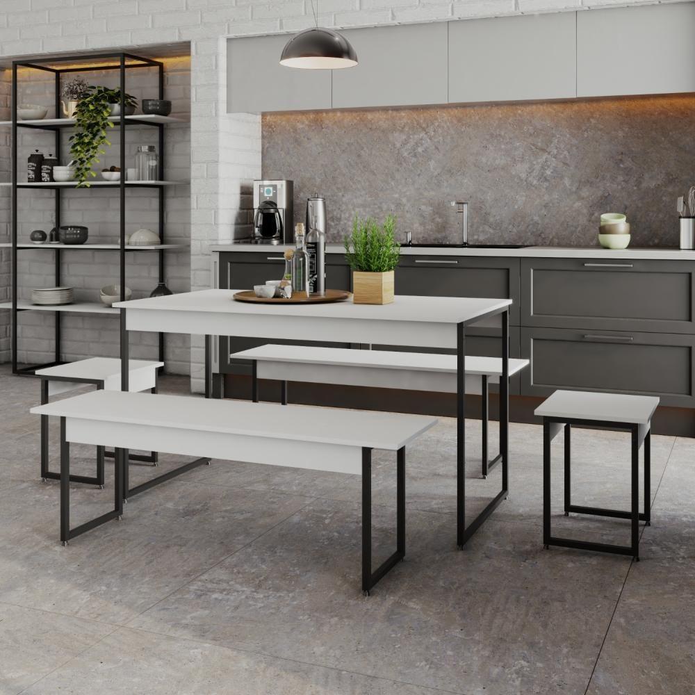 Mesa De Jantar Tub C-02 Bancos E 02 Banquetas Branco Chess - Est.preta Branco Chess - Est.preta - 1