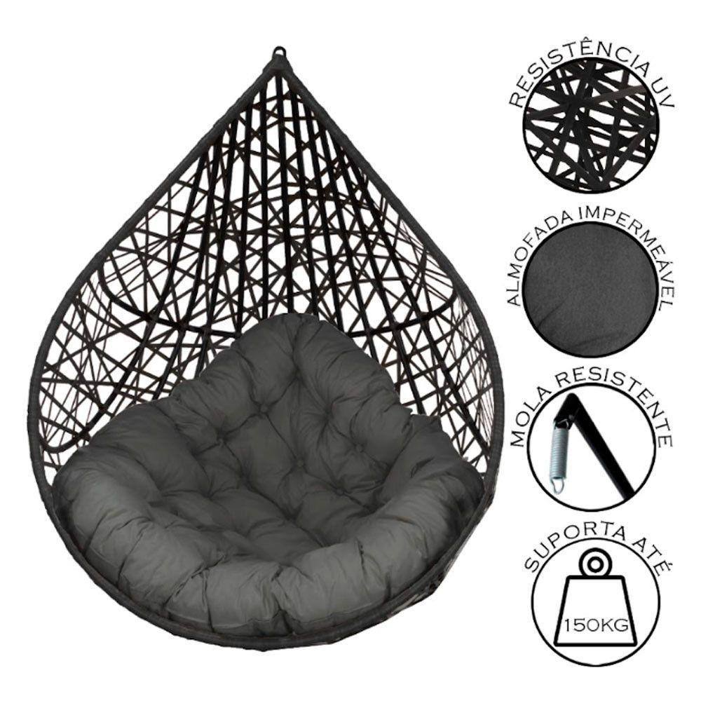 Cadeira Balanço Ninho Suspenso Gota Tramado C- Almofada Impermeável Acesse Móveis Preto-cinza - 3