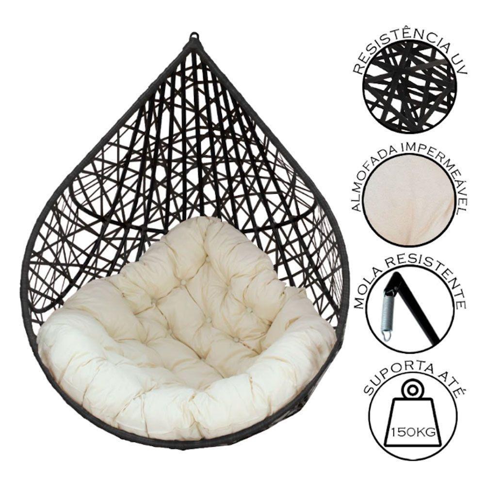 Cadeira Balanço Ninho Suspenso Gota Tramado C- Almofada Acesse Móveis Preto C- Branco Gelo - 2