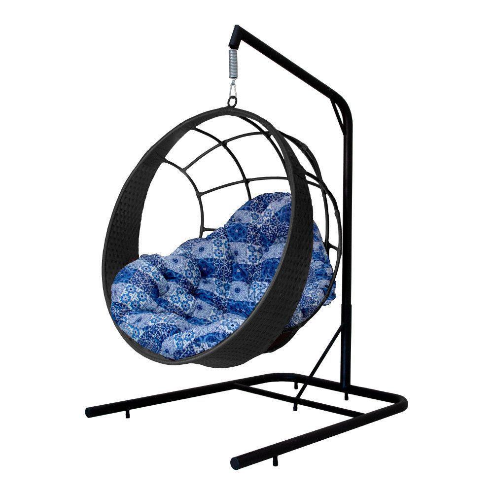 Cadeira Balanço Ninho Suspenso C- Suporte E Almofada Impermeável Preto-azul Ladrilho - 1