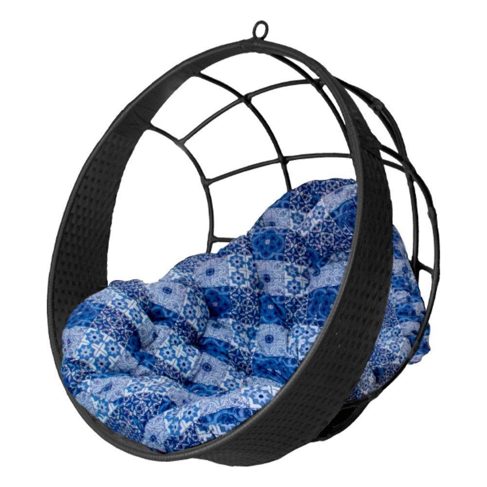 Cadeira Balanço Ninho Suspenso De Fibra C- Almofada Impermeável Preto-azul Ladrilho - 1