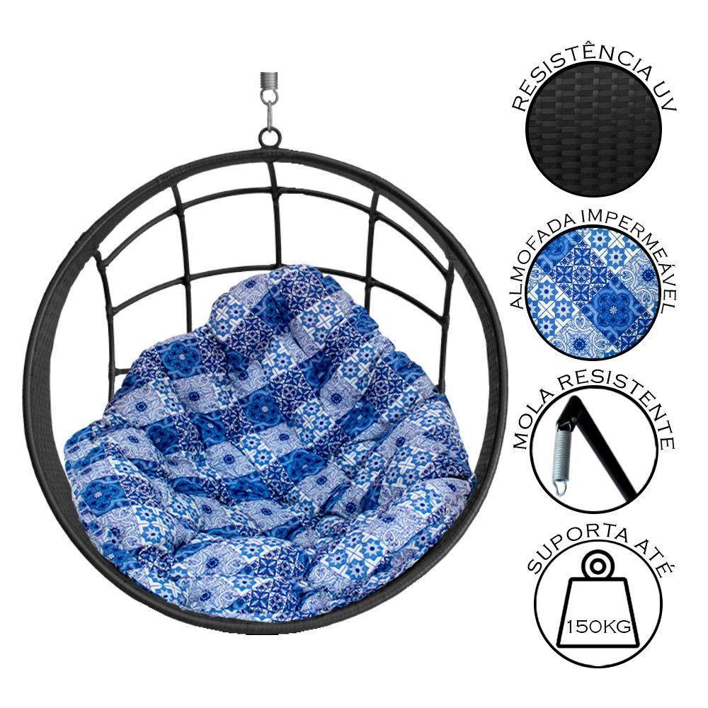 Cadeira Balanço Ninho Suspenso De Fibra C- Almofada Impermeável Preto-azul Ladrilho - 2