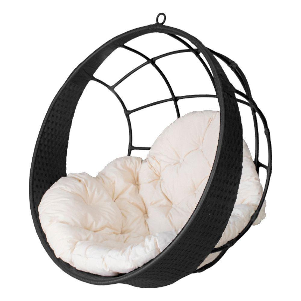 Cadeira Balanço Ninho Suspenso De Fibra C- Almofada Impermeável Preto C- Branco Gelo - 1