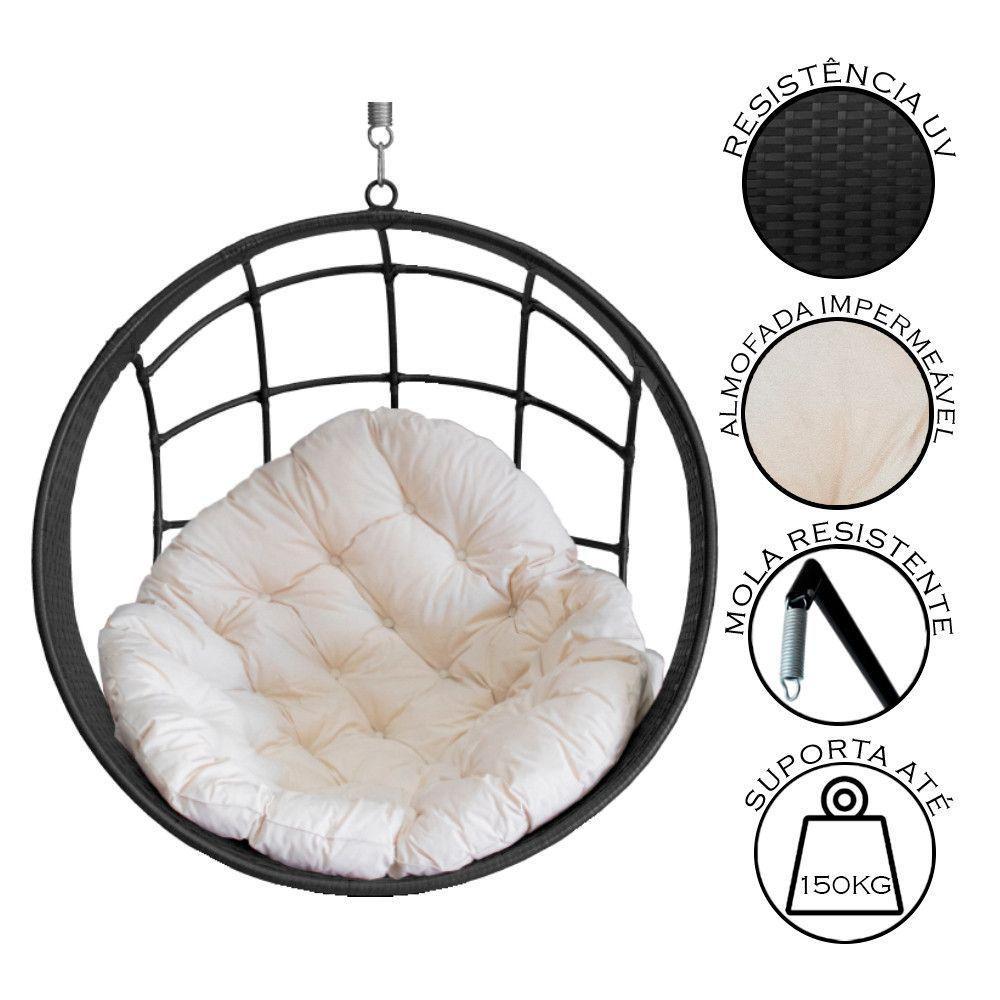 Cadeira Balanço Ninho Suspenso De Fibra C- Almofada Impermeável Preto C- Branco Gelo - 2