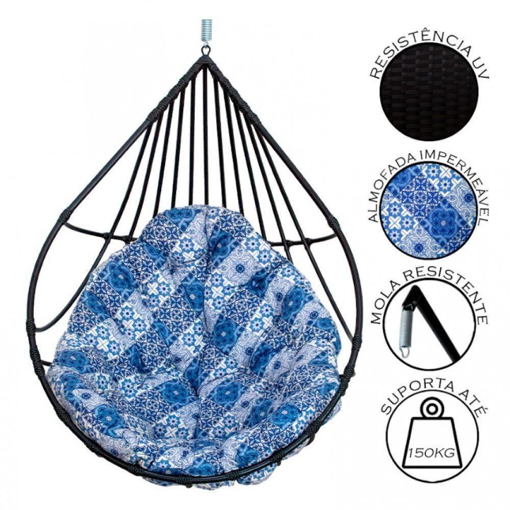 Cadeira Balanço Ninho Suspenso Gota De Fibra C- Almofada Acesse Móveis Preto-azul Ladrilho - 6