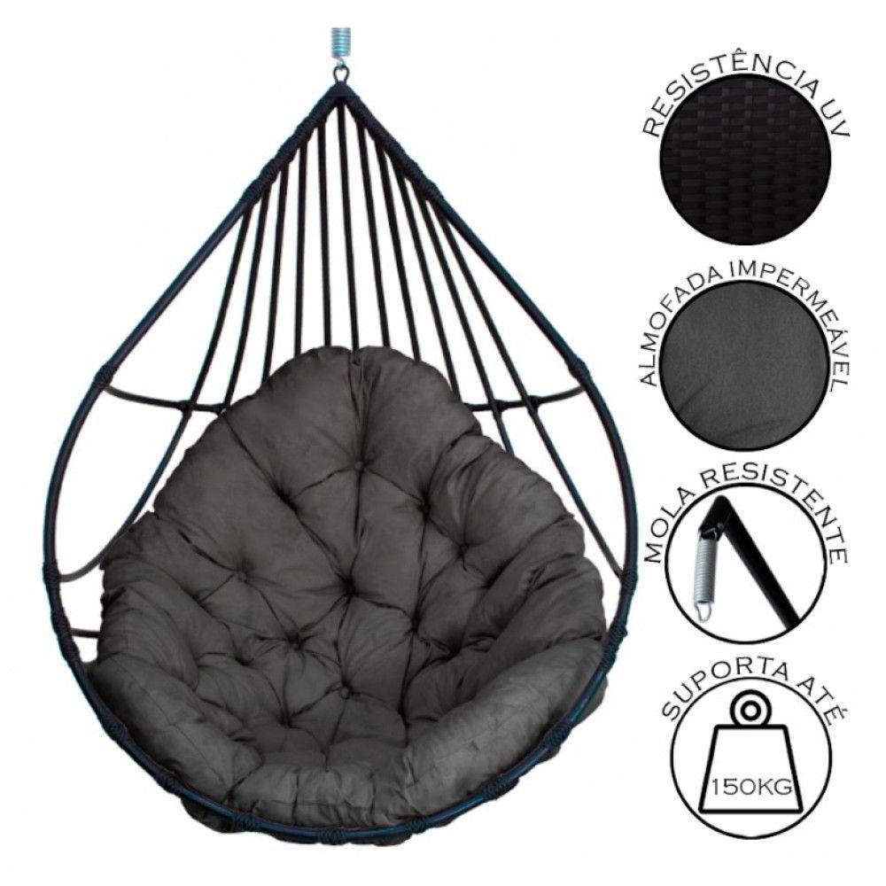 Cadeira Balanço Ninho Suspenso Gota De Fibra C- Almofada Impermeável Acesse Móveis Preto-cinza - 4