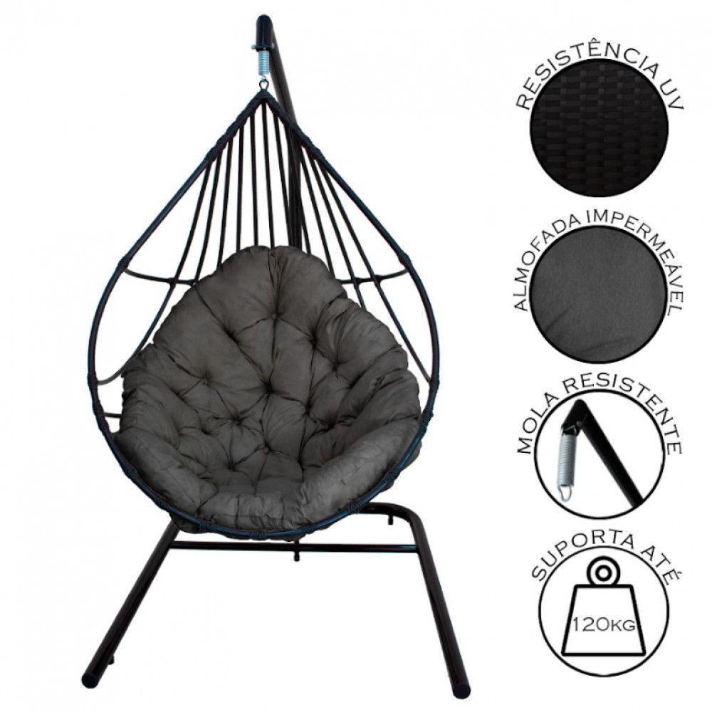 Cadeira Balanço Ninho Suspenso Gota C- Suporte E Almofada Impermeável Acesse Móveis Preto-cinza - 3