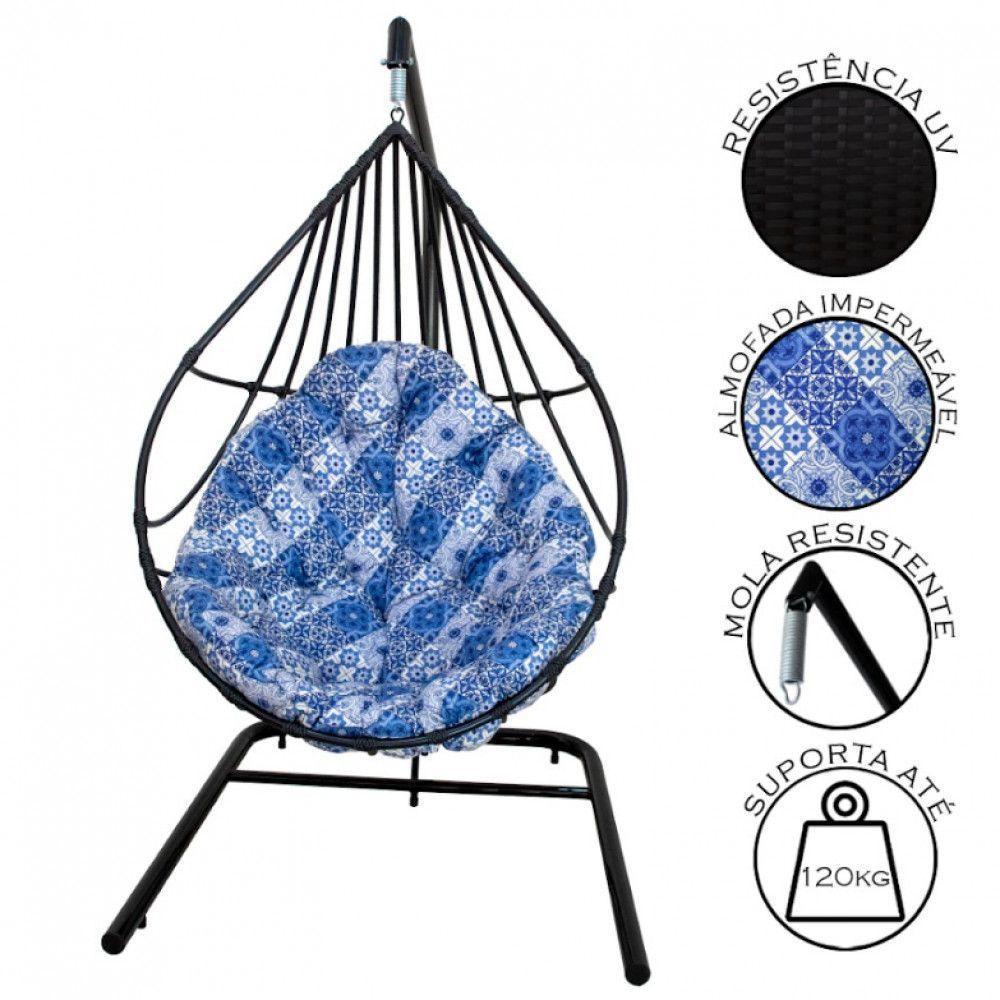 Cadeira Balanço Ninho Suspenso Gota Almofada Impermeável Acesse Móveis Preto-azul Ladrilho - 6