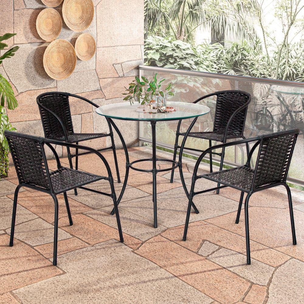 Jogo De Mesa 4 Cadeiras Happy Hour Para área Externa Em Aço E Fibra Sintética Preto - 1