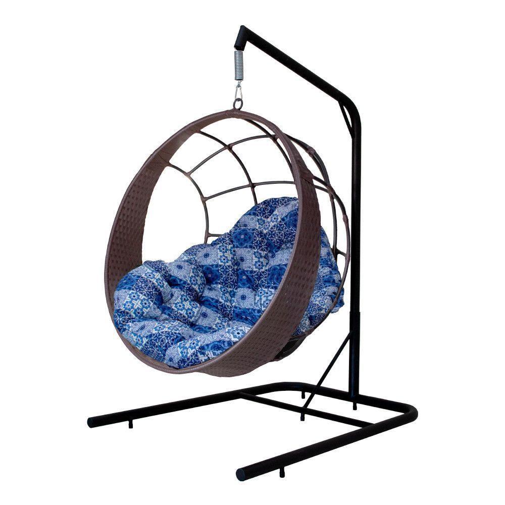 Cadeira Balanço Ninho Suspenso C- Suporte E Almofada Impermeável Tabaco-azul Ladrilho - 1