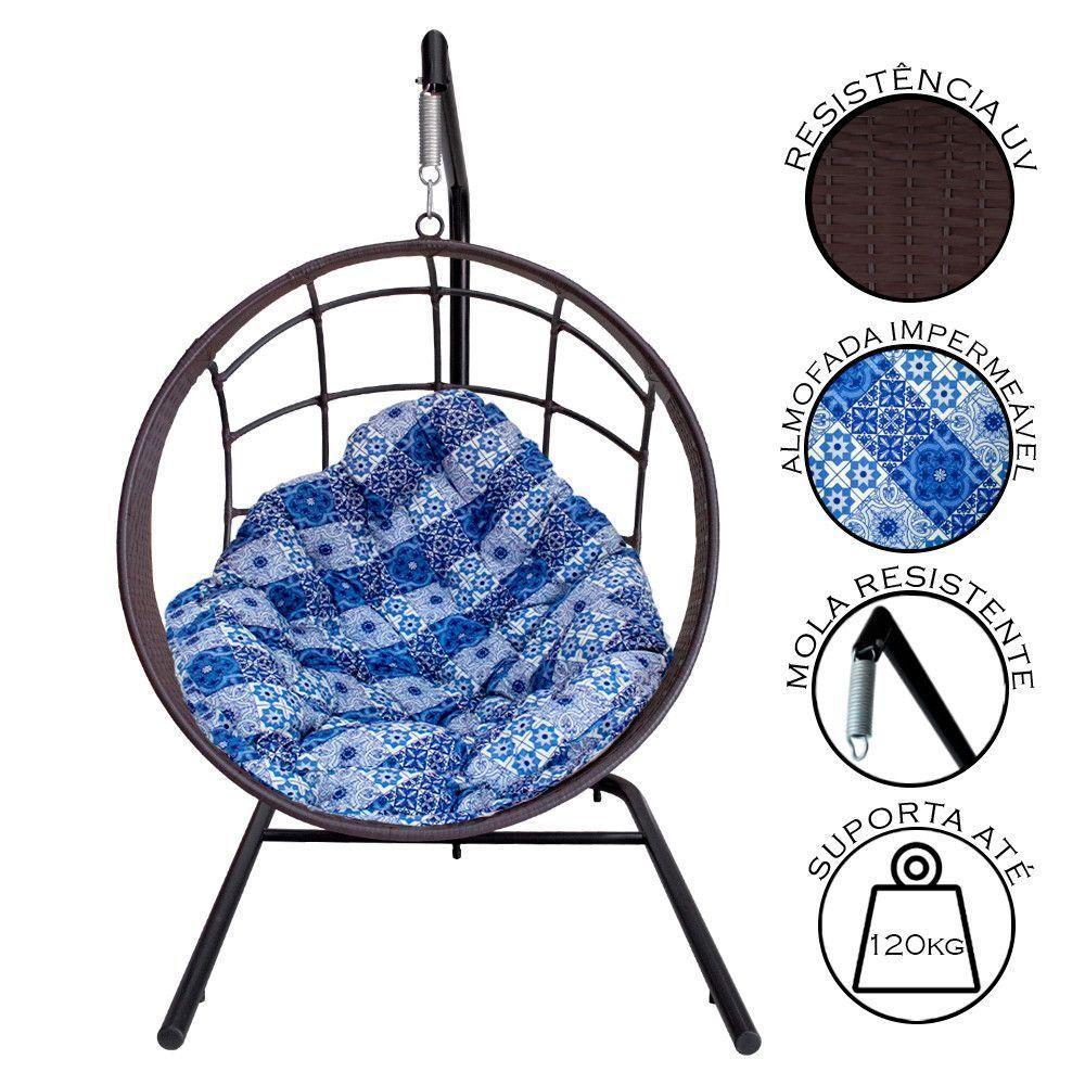 Cadeira Balanço Ninho Suspenso C- Suporte E Almofada Impermeável Tabaco-azul Ladrilho - 3