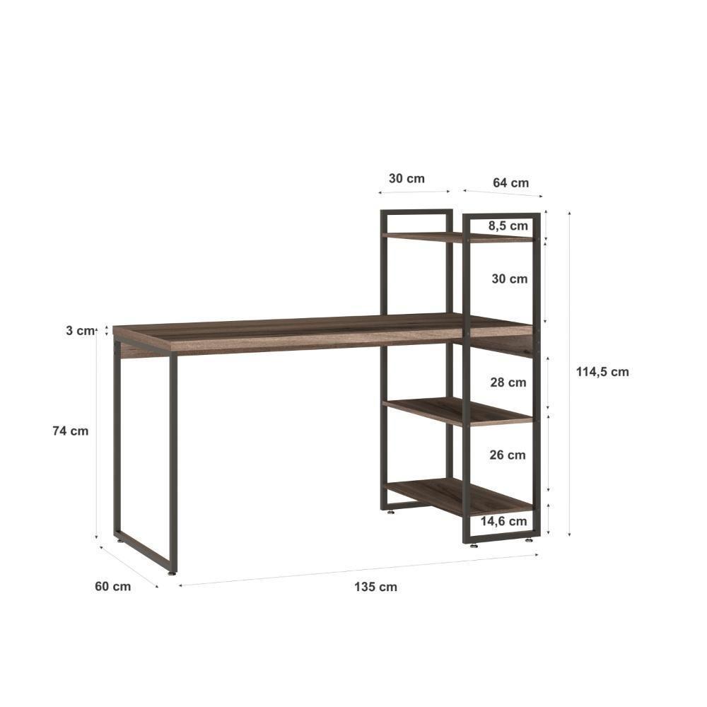 Mesa C-estante Alta 135x64x115cm C-03 Prateleiras Nogal - Est.preta Nogal - Est.preta - 4