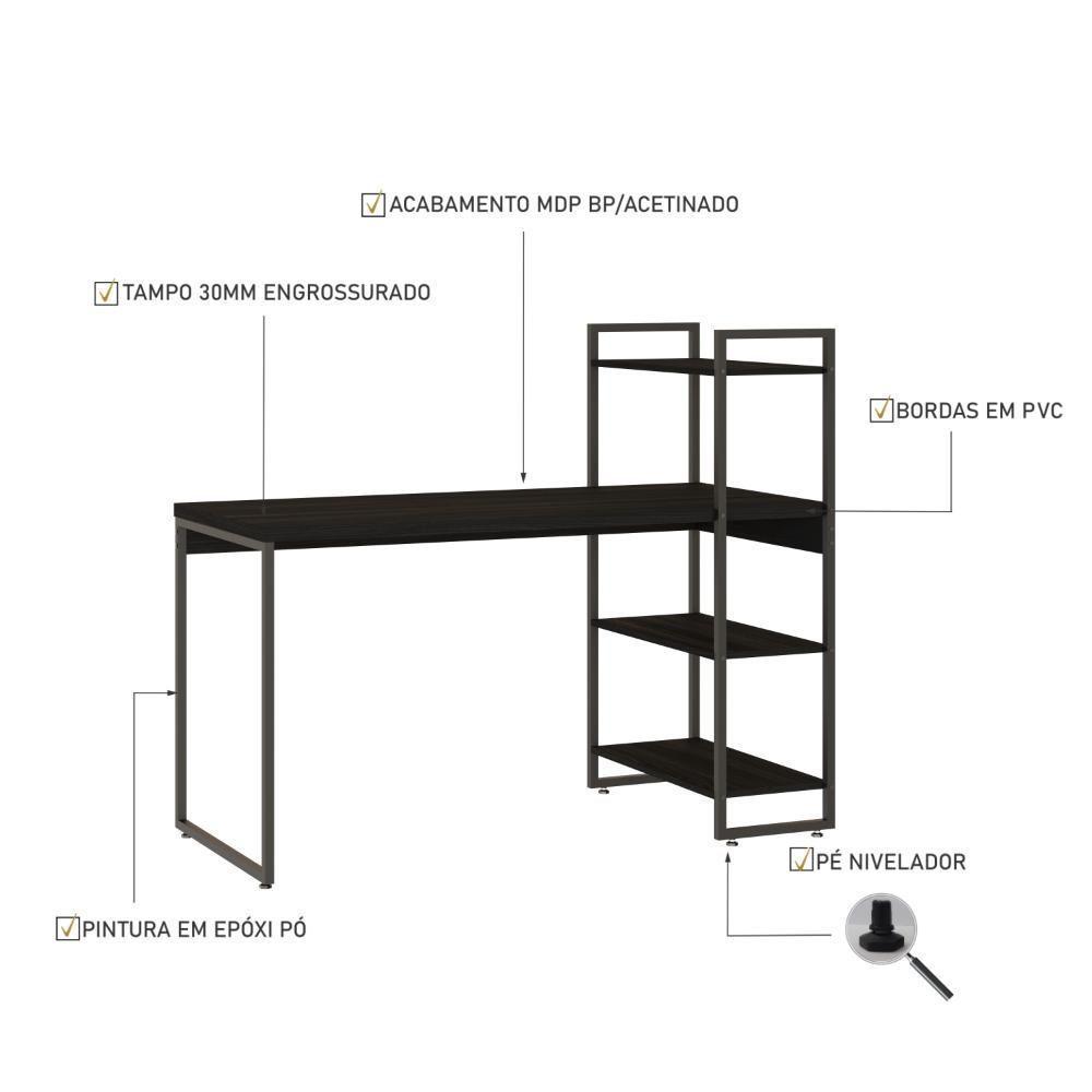 Mesa C-estante Alta 135x64x115cm C-03 Prateleiras Preto ônix - Est.preta Preto ônix - Est.preta - 3