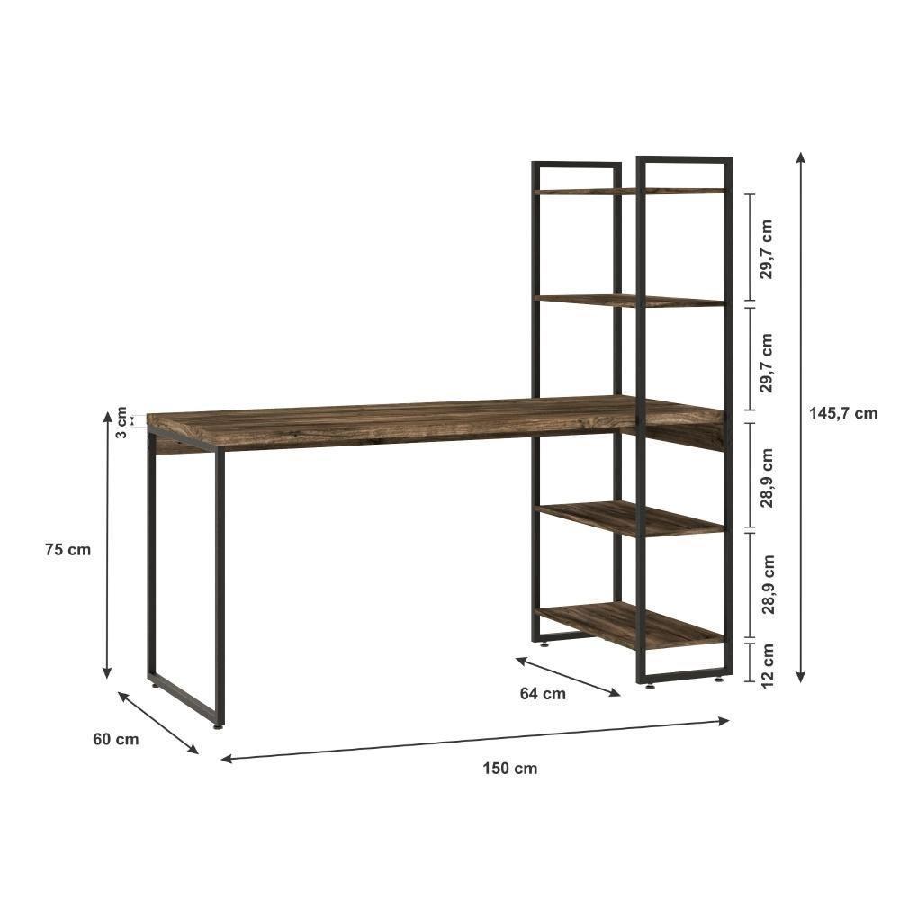 Mesa C-estante Alta 150x64x147cm C-04 Prateleiras Carvalho Dark - Est.preta Carvalho Dark - 3