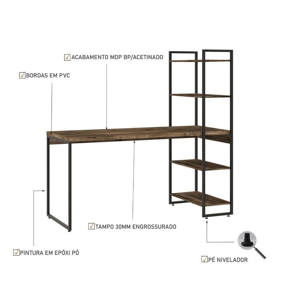 Mesa C-estante Alta 150x64x147cm C-04 Prateleiras Carvalho Dark - Est.preta Carvalho Dark - 4