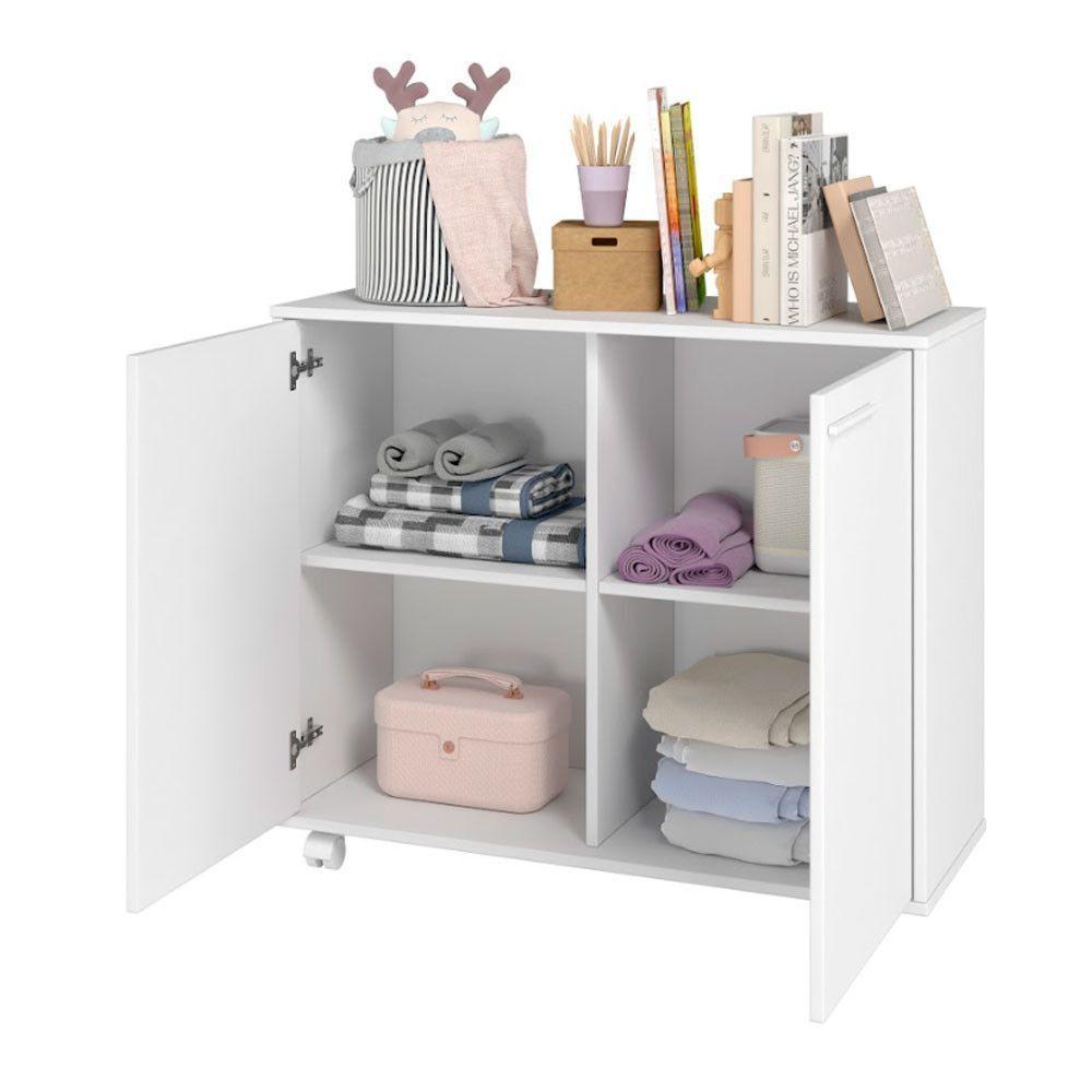 Balcão Em Mdp Com 2 Portas 2 Prateleiras E 4 Pés Com Rodízios Brv Móveis Branco - 3