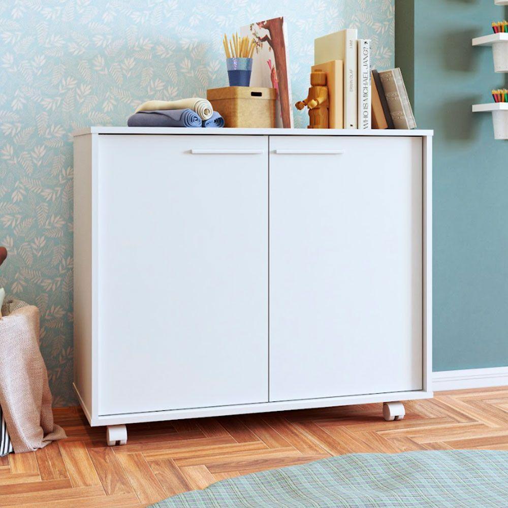 Balcão Em Mdp Com 2 Portas 2 Prateleiras E 4 Pés Com Rodízios Brv Móveis Branco - 7