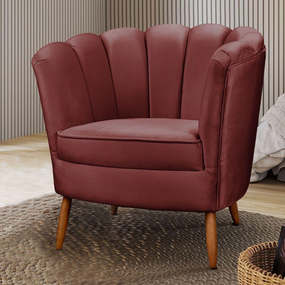 Poltrona Decorativa Ariel Com Pés De Madeira Veludo Speciale Home Vinho - 2