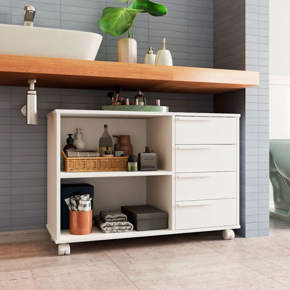 Armário Em Mdp Com 1 Prateleira 4 Gavetas E 4 Pés Com Rodízio Brv Móveis Branco - 2