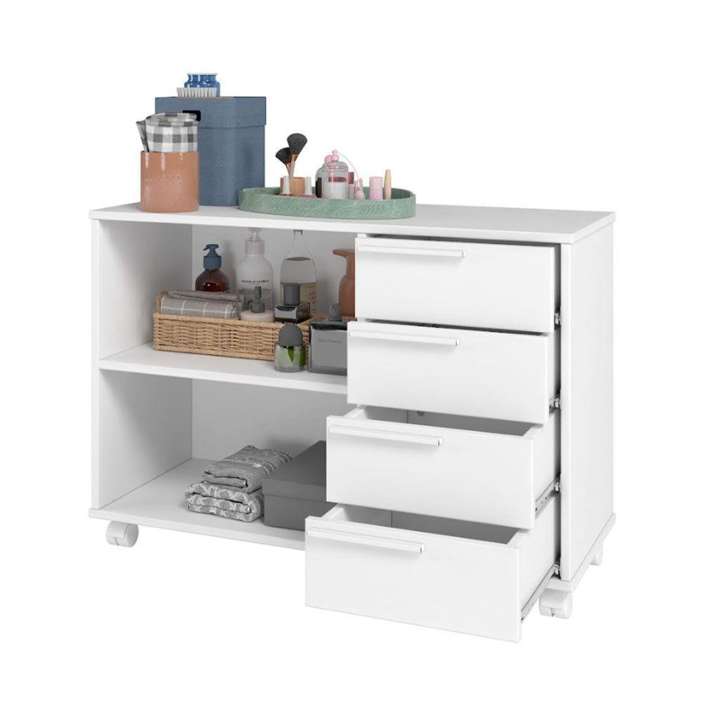 Armário Em Mdp Com 1 Prateleira 4 Gavetas E 4 Pés Com Rodízio Brv Móveis Branco - 3