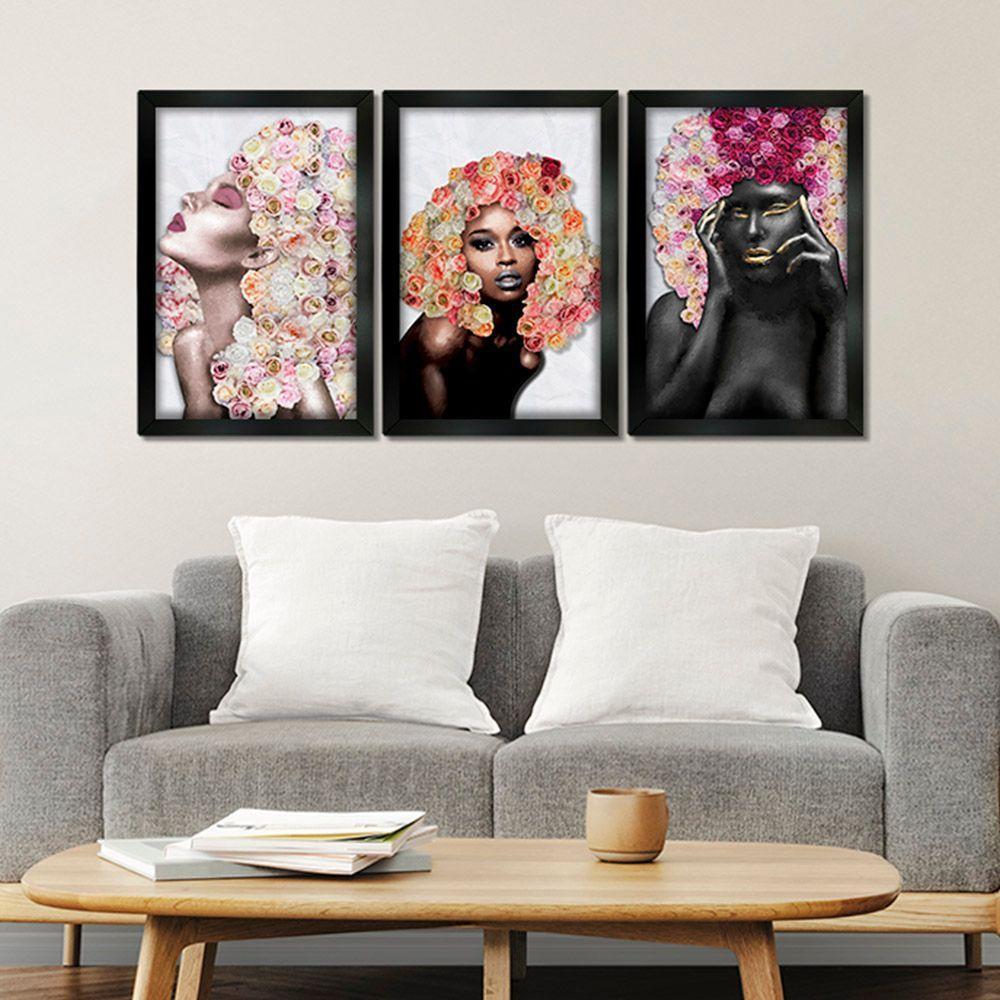 Quadros Decorativos 20x30 Mulheres Rosto Flores Rosas Kit 3 Titulos Moldura Preta - 4