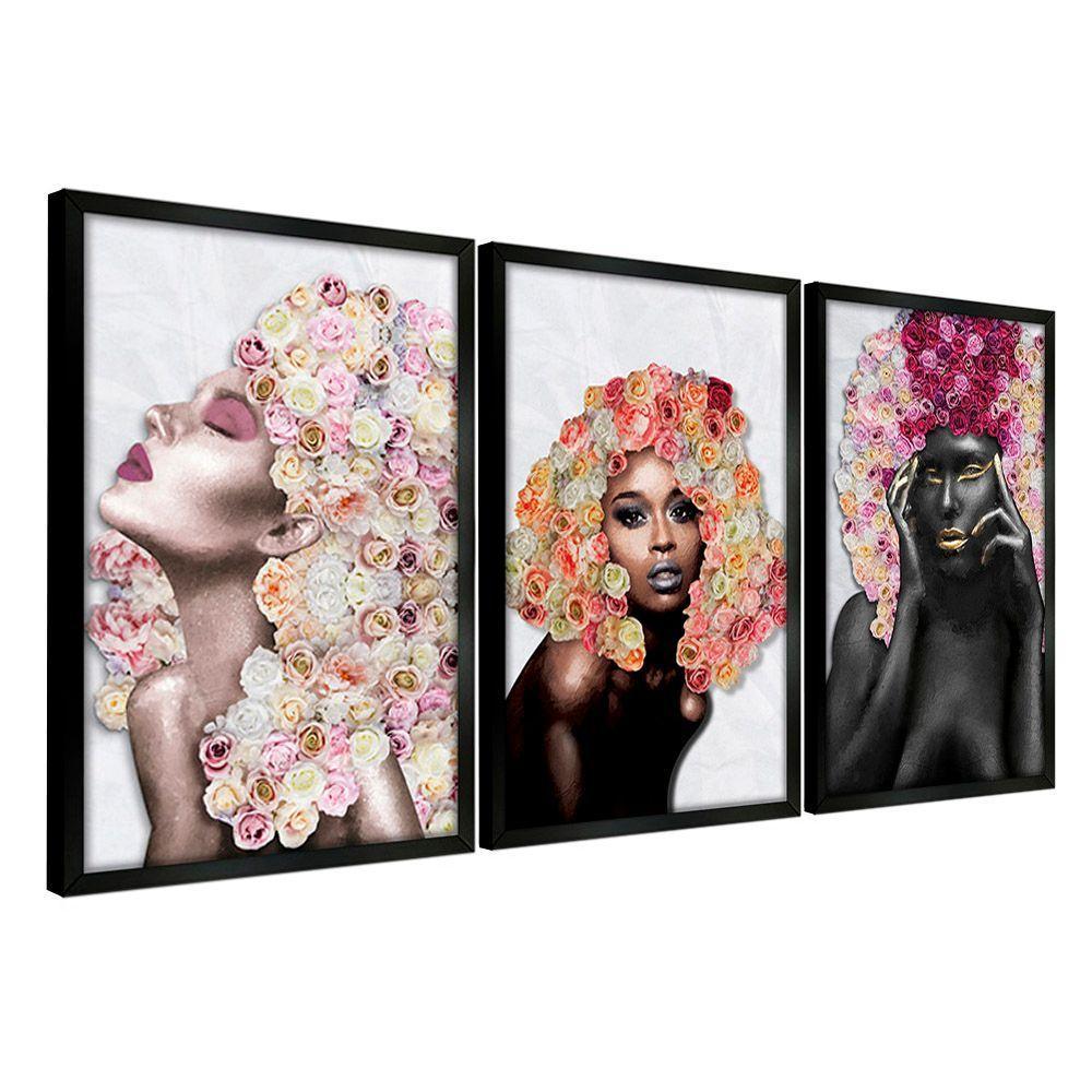 Quadros Decorativos 30x45 Mulheres Rosto Flores Rosas Kit 3 Titulos Moldura Preta - 1