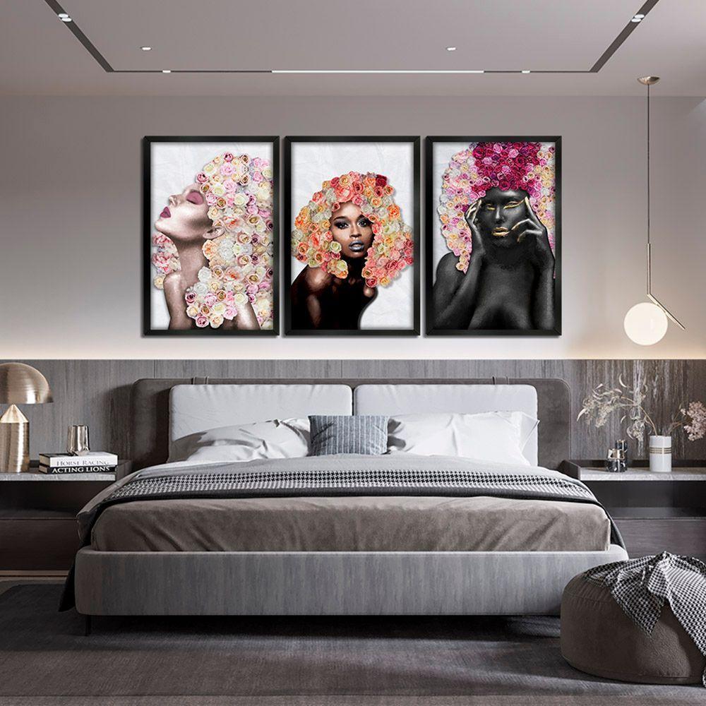 Quadros Decorativos 30x45 Mulheres Rosto Flores Rosas Kit 3 Titulos Moldura Preta - 5