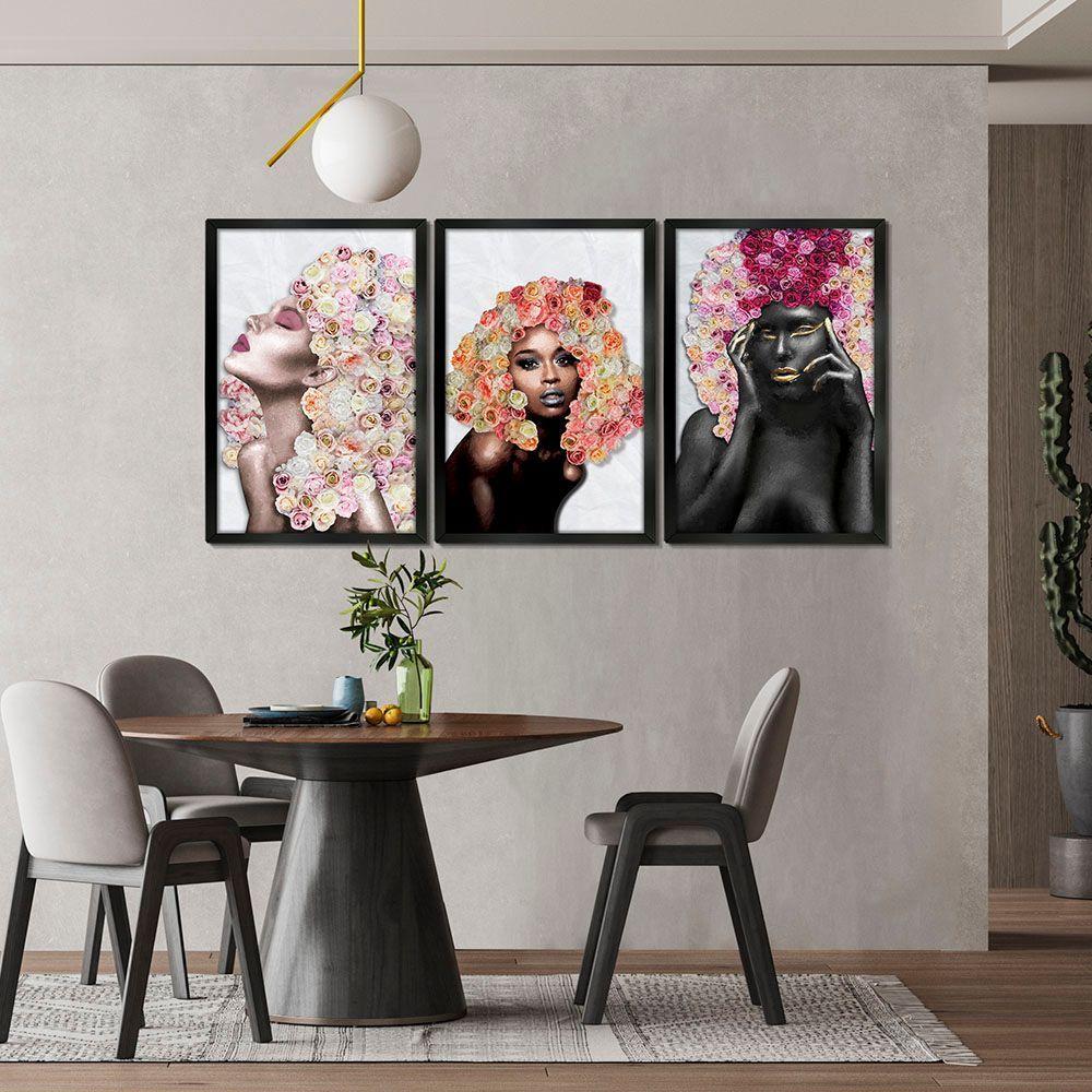 Quadros Decorativos 30x45 Mulheres Rosto Flores Rosas Kit 3 Titulos Moldura Preta - 6