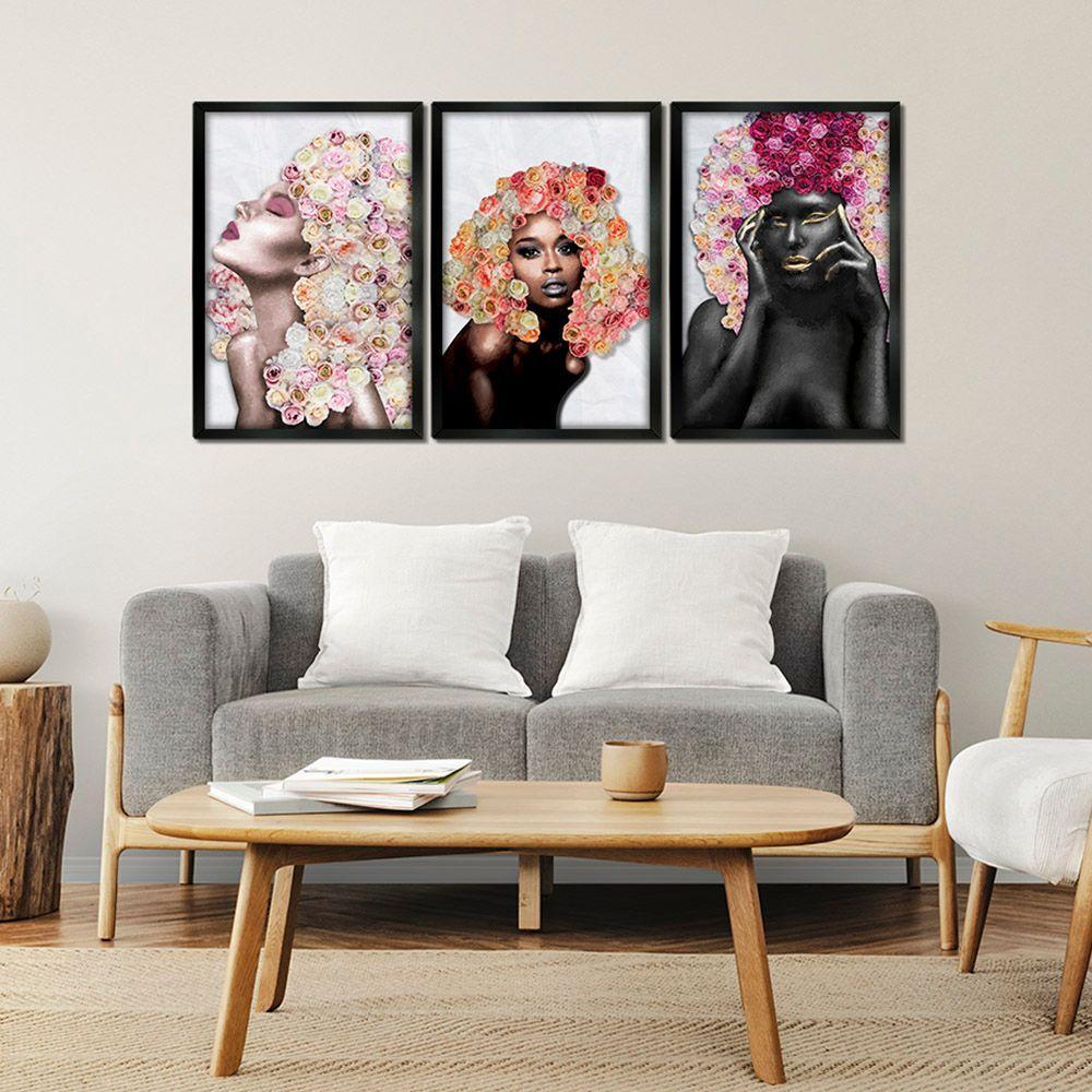 Quadros Decorativos 30x45 Mulheres Rosto Flores Rosas Kit 3 Titulos Moldura Preta - 7