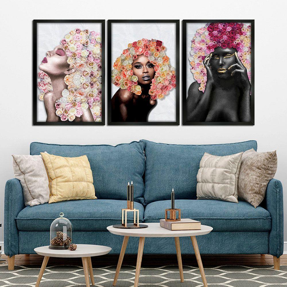 Quadros Decorativos 30x45 Mulheres Rosto Flores Rosas Kit 3 Titulos Moldura Preta - 8