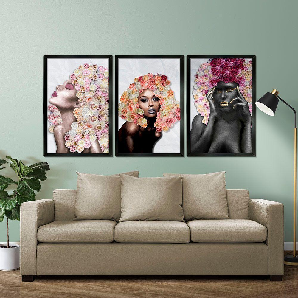 Quadros Decorativos 30x45 Mulheres Rosto Flores Rosas Kit 3 Titulos Moldura Preta - 9