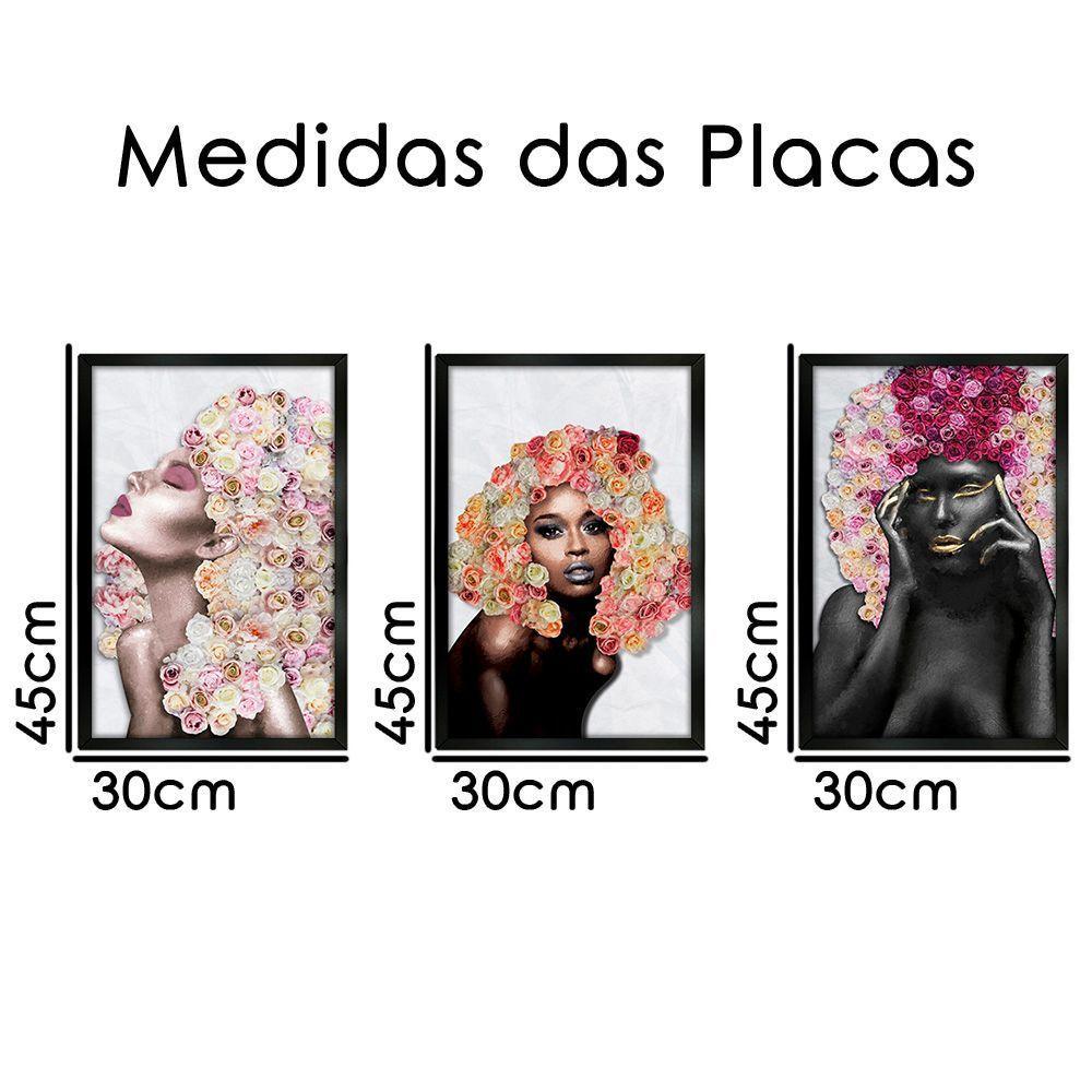 Quadros Decorativos 30x45 Mulheres Rosto Flores Rosas Kit 3 Titulos Moldura Preta - 10