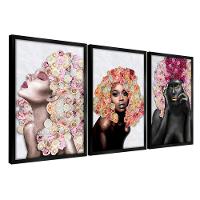 Quadros Decorativos 30x45 Mulheres Rosto Flores Rosas Kit 3 Titulos Moldura Preta - 1