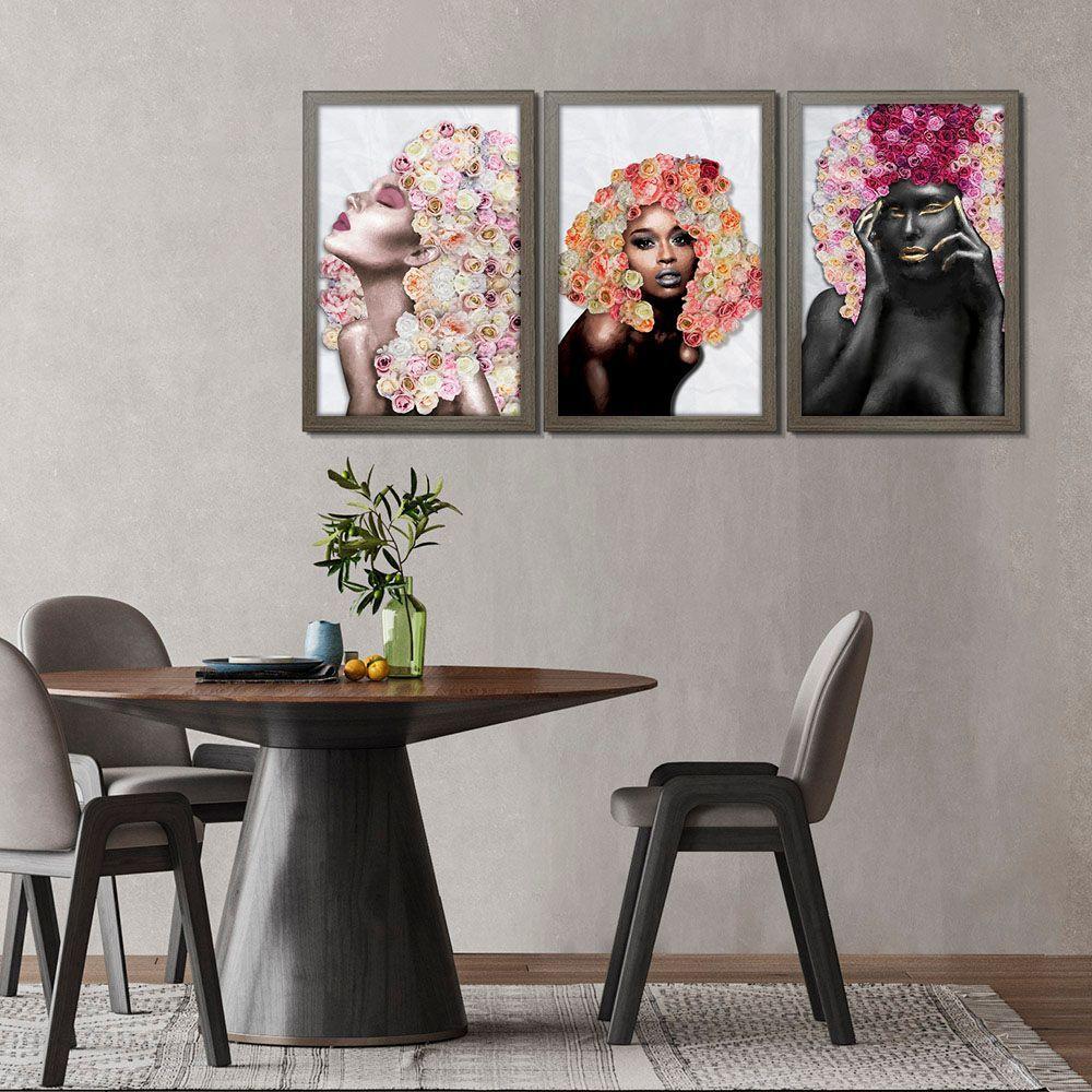 Quadros Decorativos 30x45 Mulheres Rosto Flores Rosas Kit 3 Titulos Moldura Madeira - 8